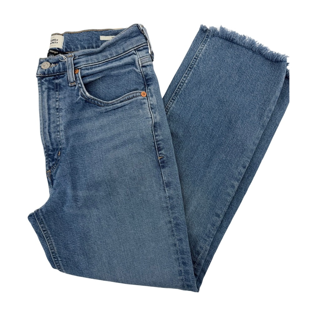 Citizens of Humanity Daphne Crop High Rise Straight Leg Jeans Blue Sz 27 Raw Hem